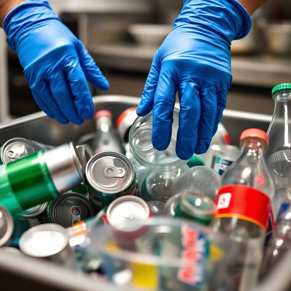 Gloved hands sorting recyclable cans and glass bottles into a bin